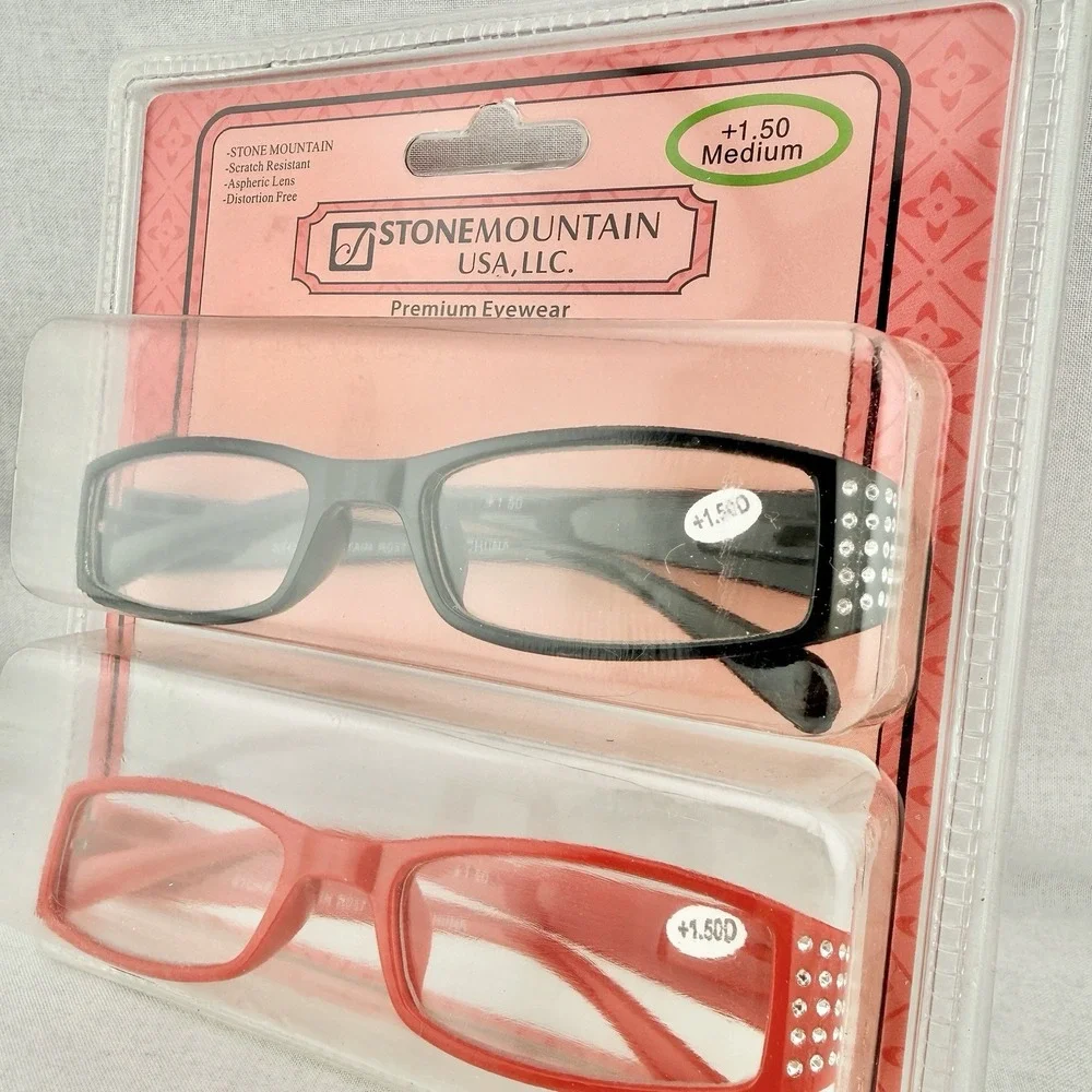 2 Rhinestone Rectangular‎ Reading Glasses +1.50 Med. Red & Black Frames Vintage
